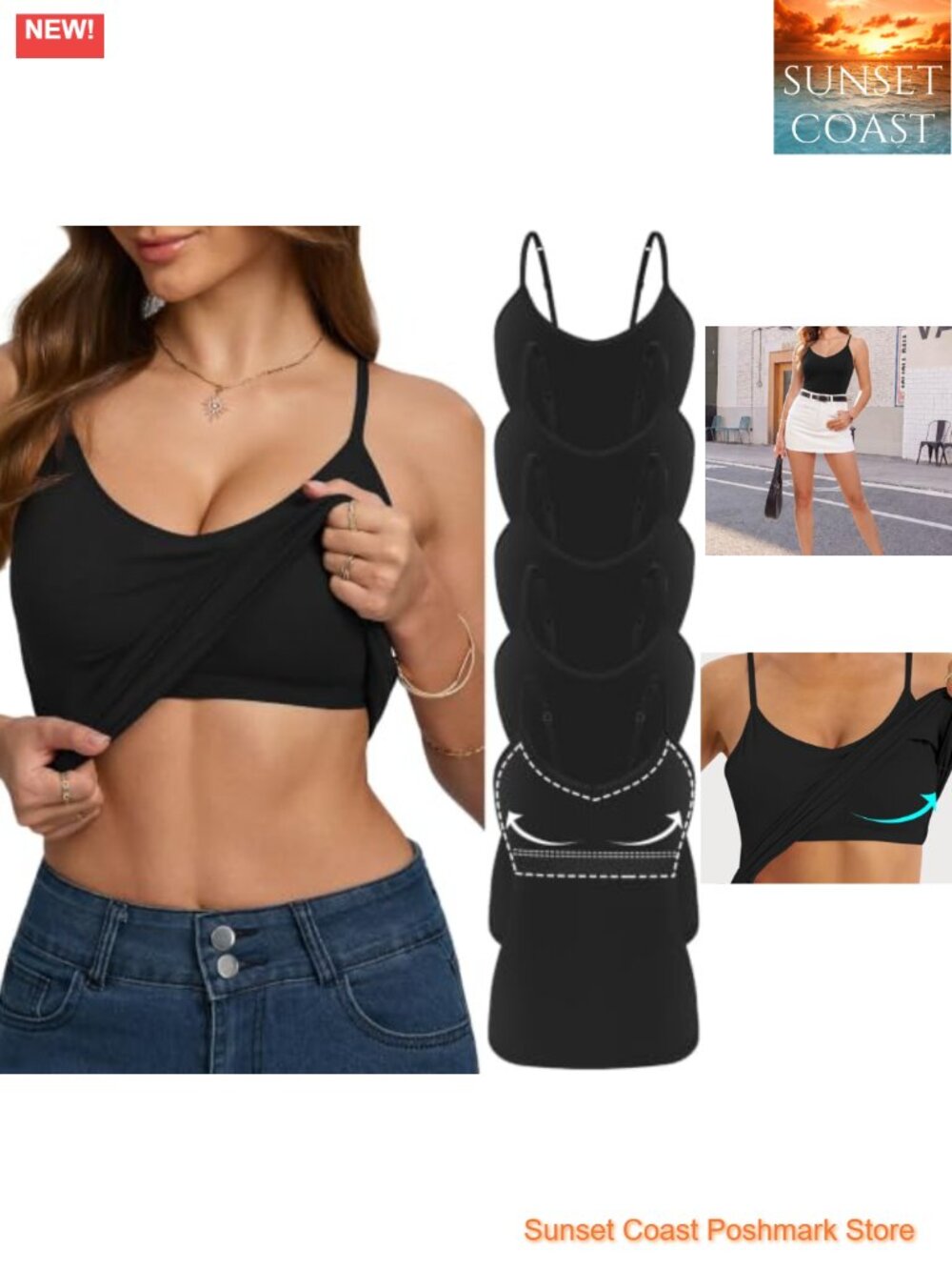 5 Pack Women's V-Neck Cotton Camisole Tank Tops with Shelf Bra